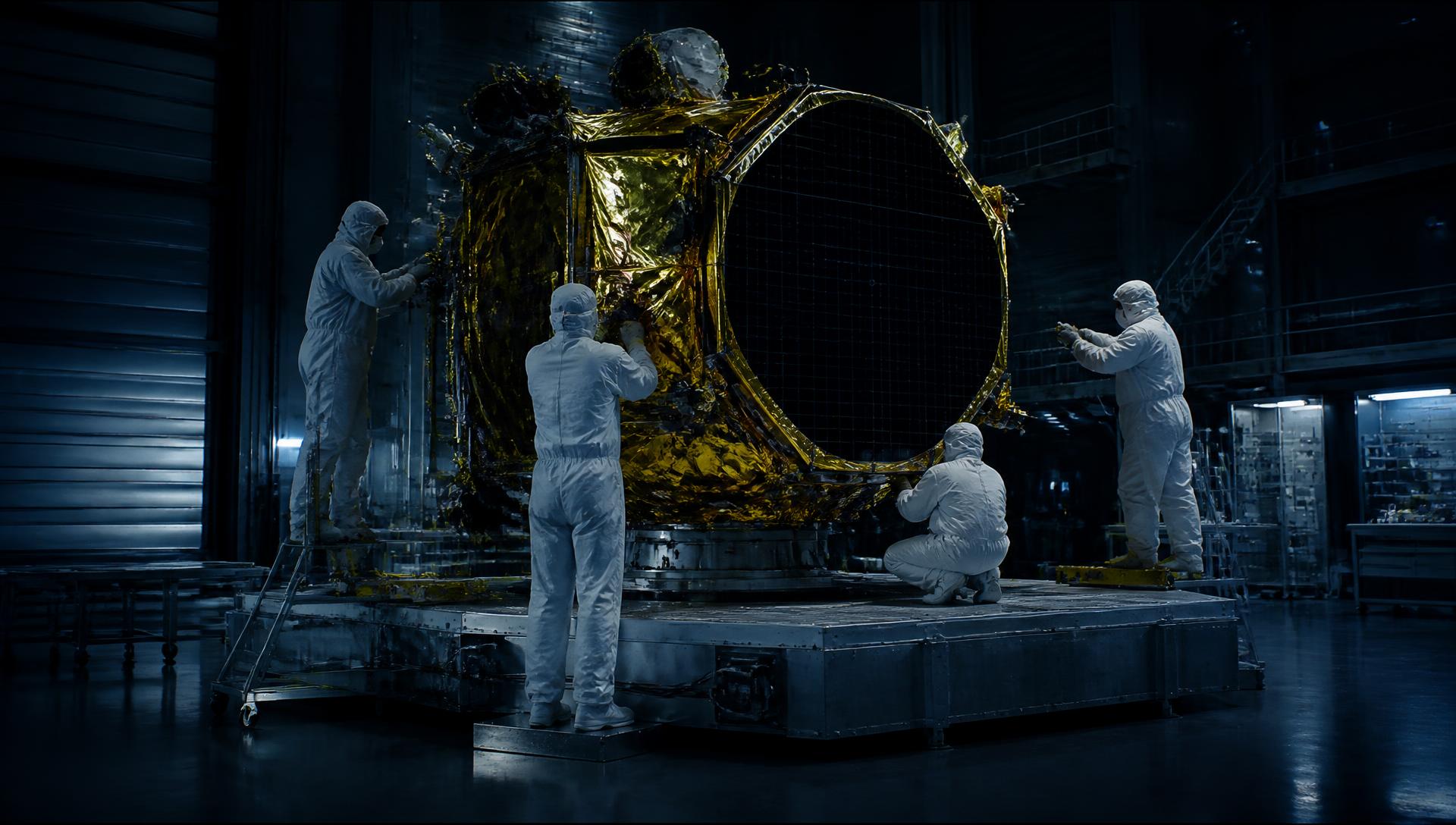Engineers integrating a satellite wrapped in gold thermal blanket inside a cleanroom